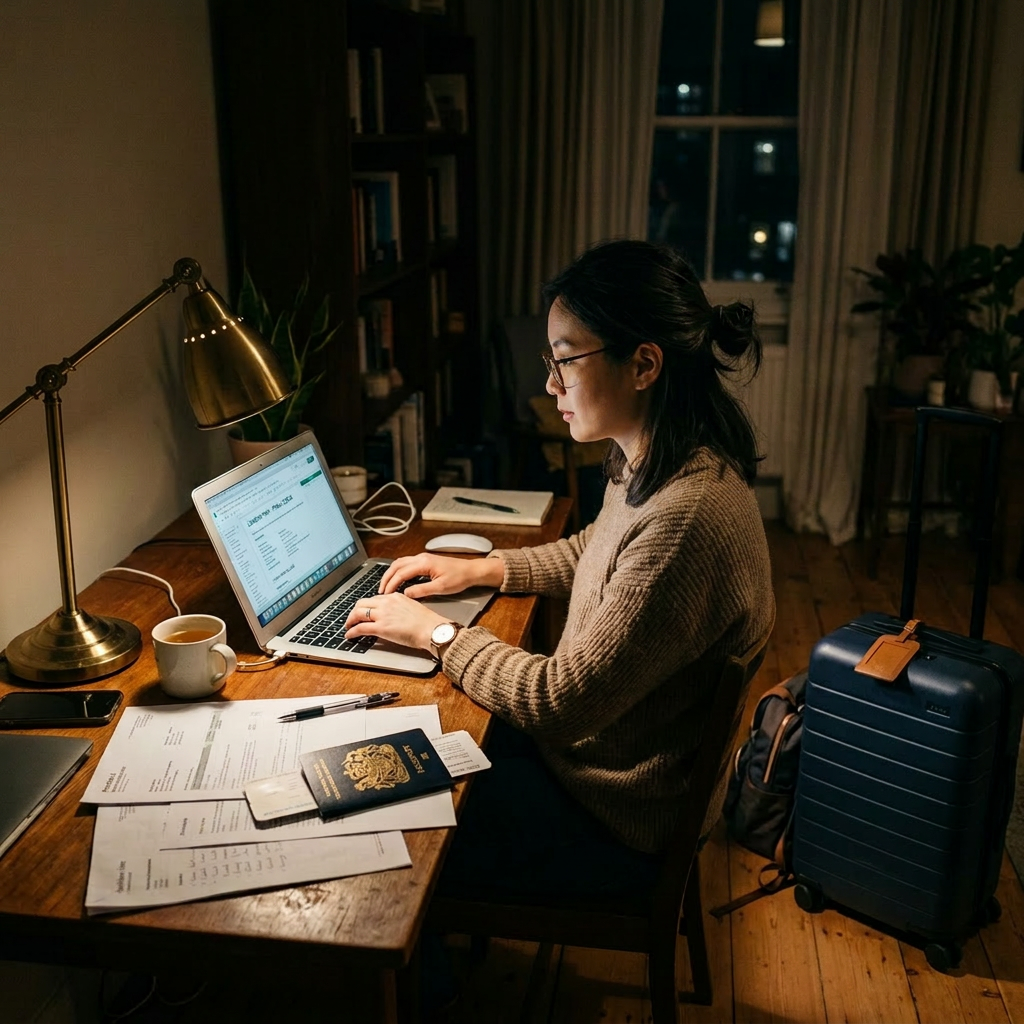 Woman using laptop at wooden desk with passport, papers, and suitcase nearby